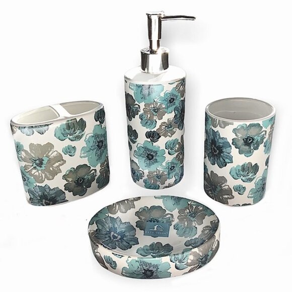Floral Bath  Accessory Ceramic Set Sun Splash Collection White Blue 4 Piece Set - Picture 7 of 9